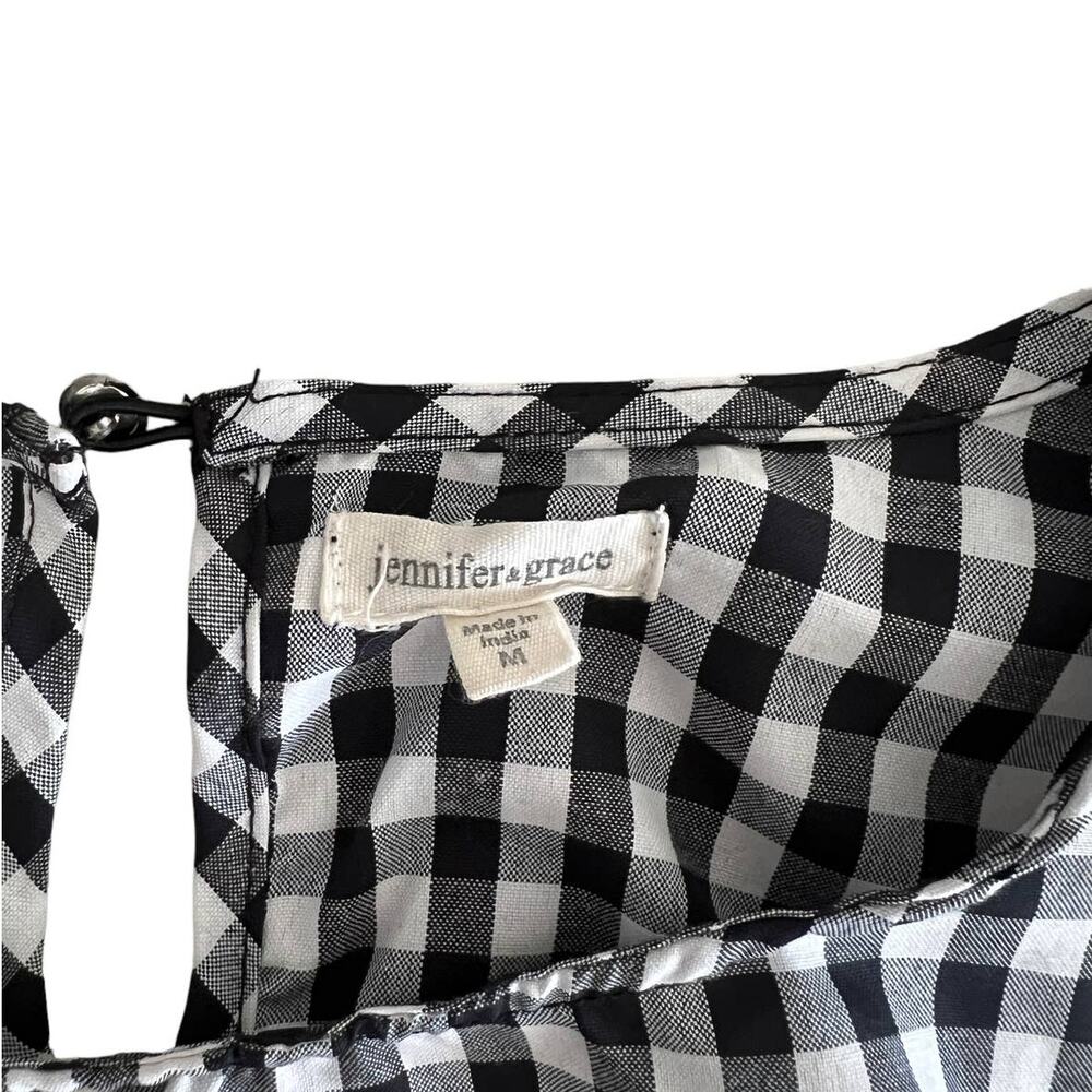 Jennifer & Grace Elbow Sleeve Gingham Floral Embroidered Top Black White Medium - Picture 7 of 8